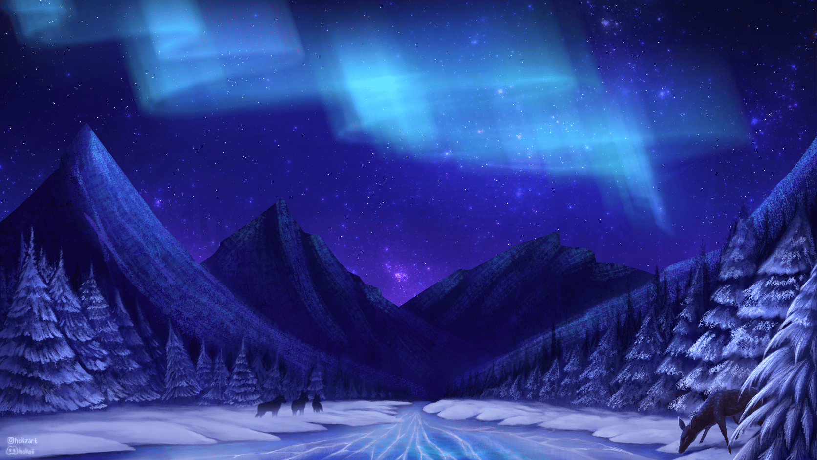 Aurora-lit prehistoric valley with dinosaurs and violet crystals